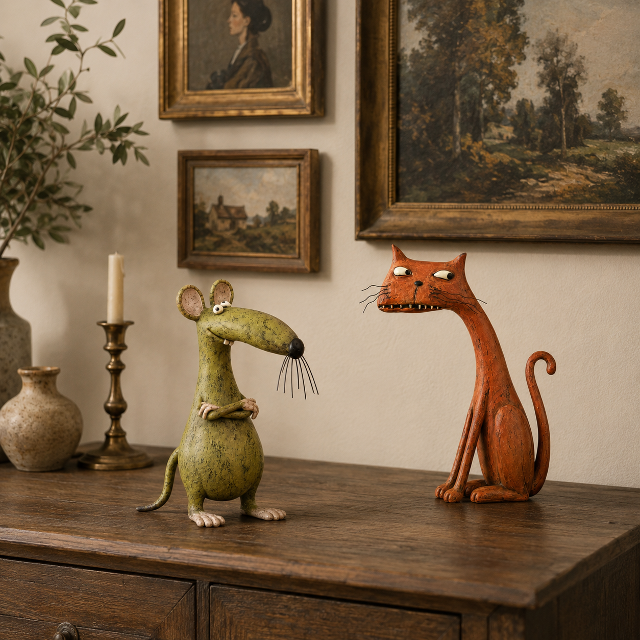 Whimsical Vintage Mouse & Cat Figurine
