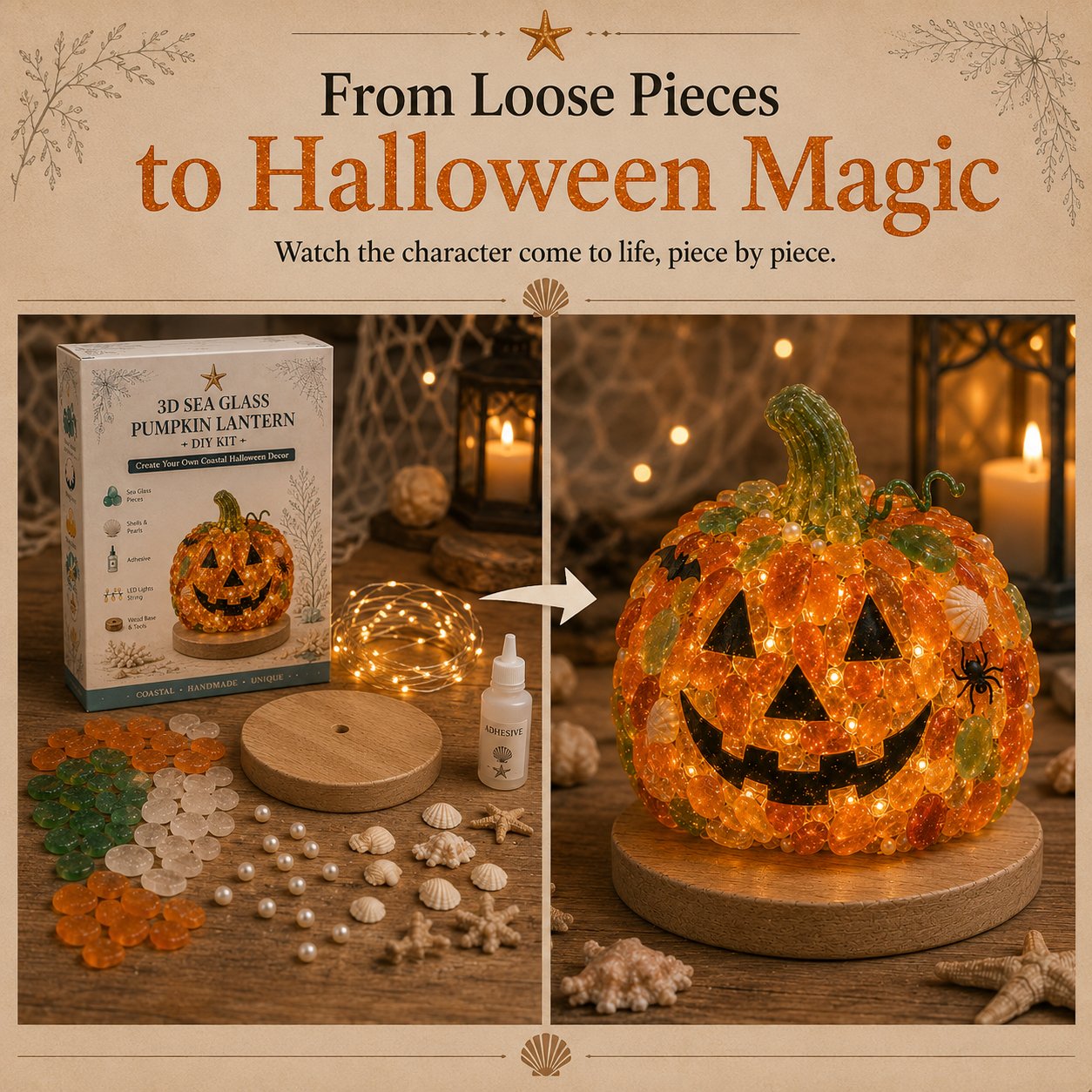🔥😍 Last Day 49% OFF – 🎃 Beginner-Friendly DIY Lighted Sea Glass Halloween Character Kit Collection | Complete Kit with Sea Glass Pieces, LED Lights & Step-by-Step Guide Included 💕