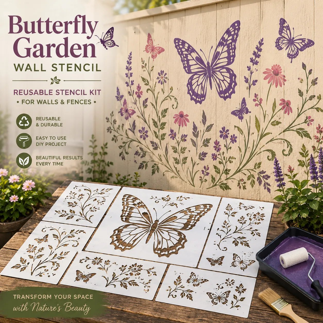 🌿 Garden Wall StencilTM Collection | 9 Reusable Mural Designs for Walls, Fences, Porches & Creative Outdoor Makeovers 🎨✨