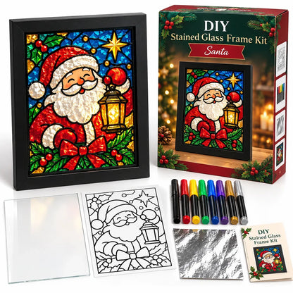 ⏳ Last Day 49% OFF – 🎄Beginner-Friendly Christmas Stained Glass-Style Frame Kit | 8 Festive Designs with Pens, Foil & Frame ✨
