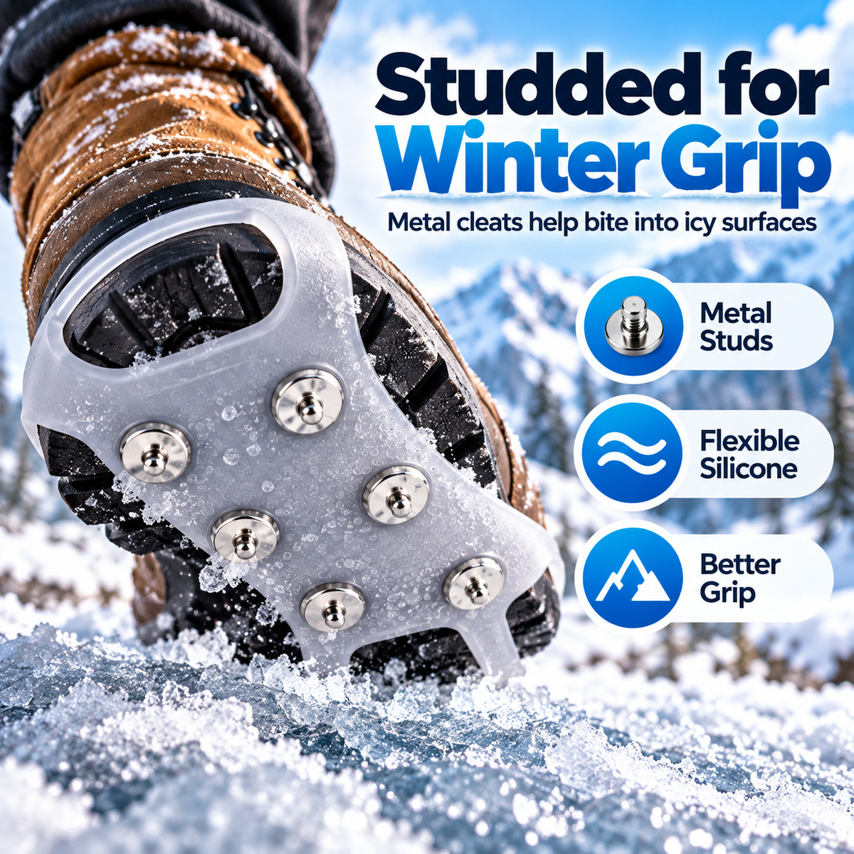 Winter boot ice grip metal studs on snow and ice