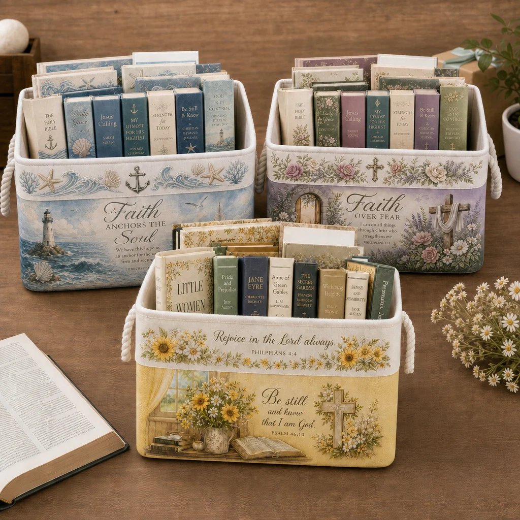 🔥 LAST DAY 49% OFF – ✝️ Christian Faith Inspirational Storage Basket | Spacious Foldable Fabric Organizer with Rope Handles & 3 Scripture Designs 🌿✨