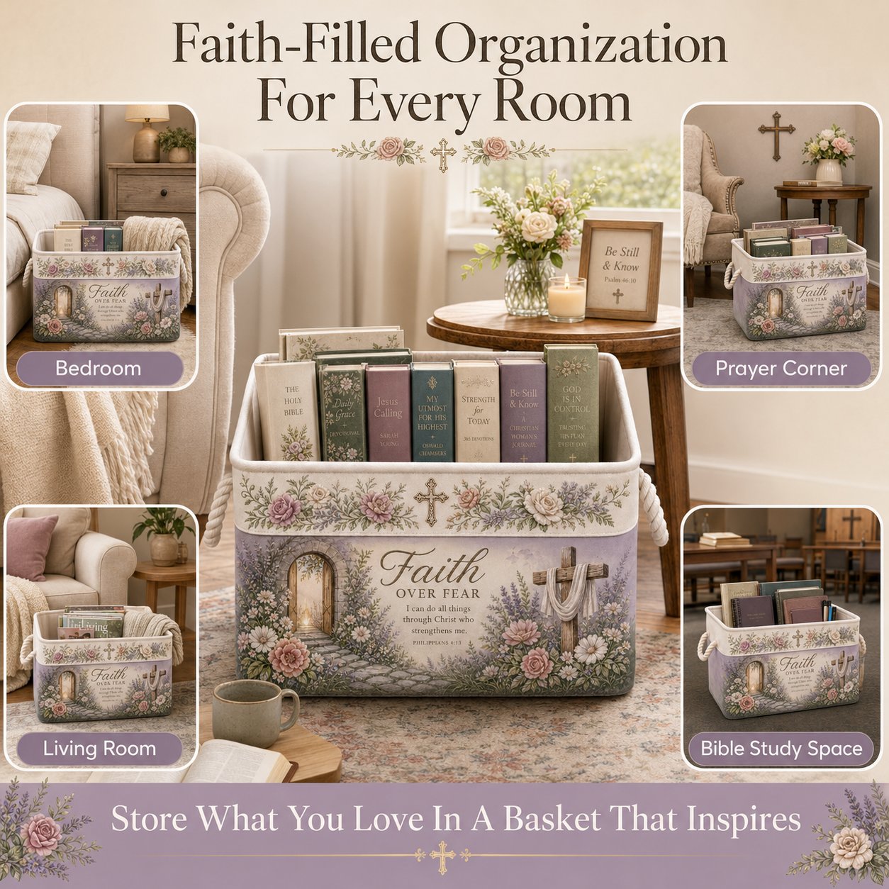 🔥 LAST DAY 49% OFF – ✝️ Christian Faith Inspirational Storage Basket | Spacious Foldable Fabric Organizer with Rope Handles & 3 Scripture Designs 🌿✨