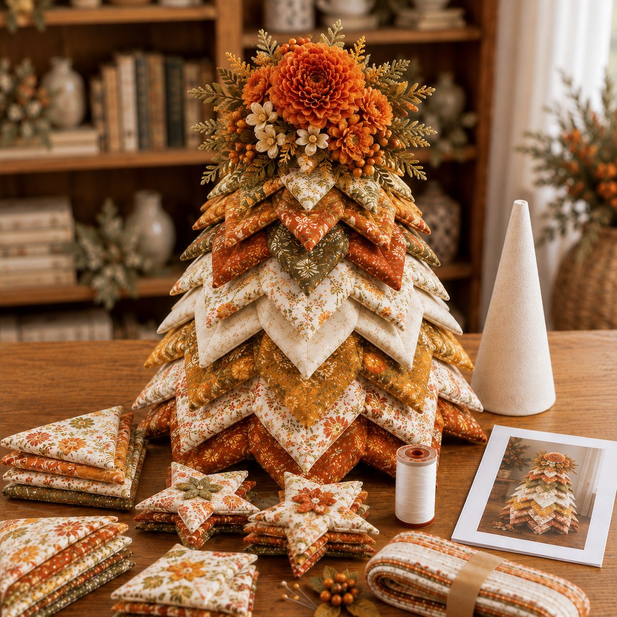 🍂 Beginner-Friendly DIY Fabric Patchwork Fall Tree Kit | Coordinated Autumn Fabrics, Cone Base, Securing Pins & Floral Topper Included 🌼✨