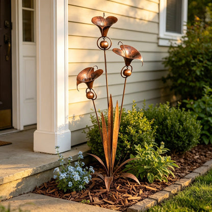 🌿Flamed Copper Three Calla Lilies Garden Stake with Bells