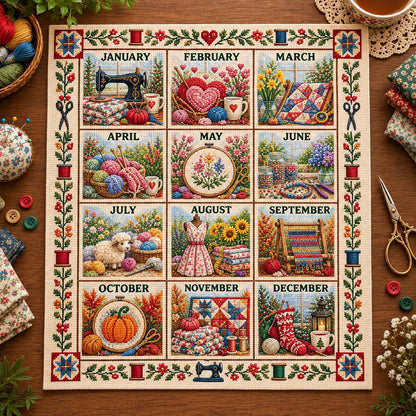 🧵 Beginner-Friendly 12-Month Seasonal Embroidery DIY Kit | 8 Theme Collections with Pre-Printed Fabric, Floss, Needles & Complete Stitching Guide Included 💕