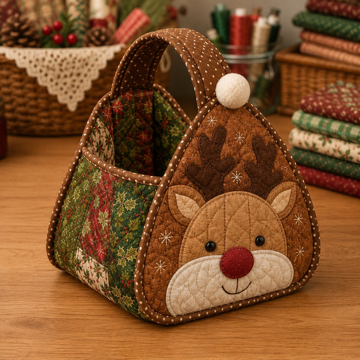 ⏳ Last Day 49% OFF – 🎄 Christmas Character Quilted Carry Basket | Padded Patchwork Fabrics, Layered Appliqué & Soft Carry Handle in DIY Kit or Ready-Made Styles 🎁✨