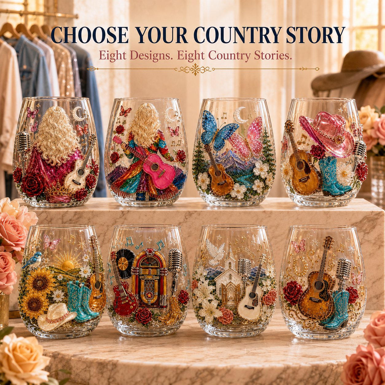 🤠 Queen of Country 1946–2026 3D Glass Collection | 8 Dolly-Inspired Country Designs with Raised Guitars, Butterflies, Boots, Florals & Vintage Music Details 🎸✨