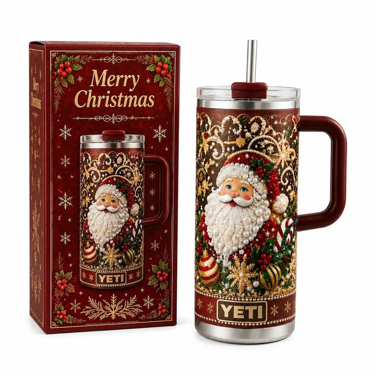 🎅✨ Luxury Christmas Santa 40oz Handle Tumbler – A Magical Holiday Gift