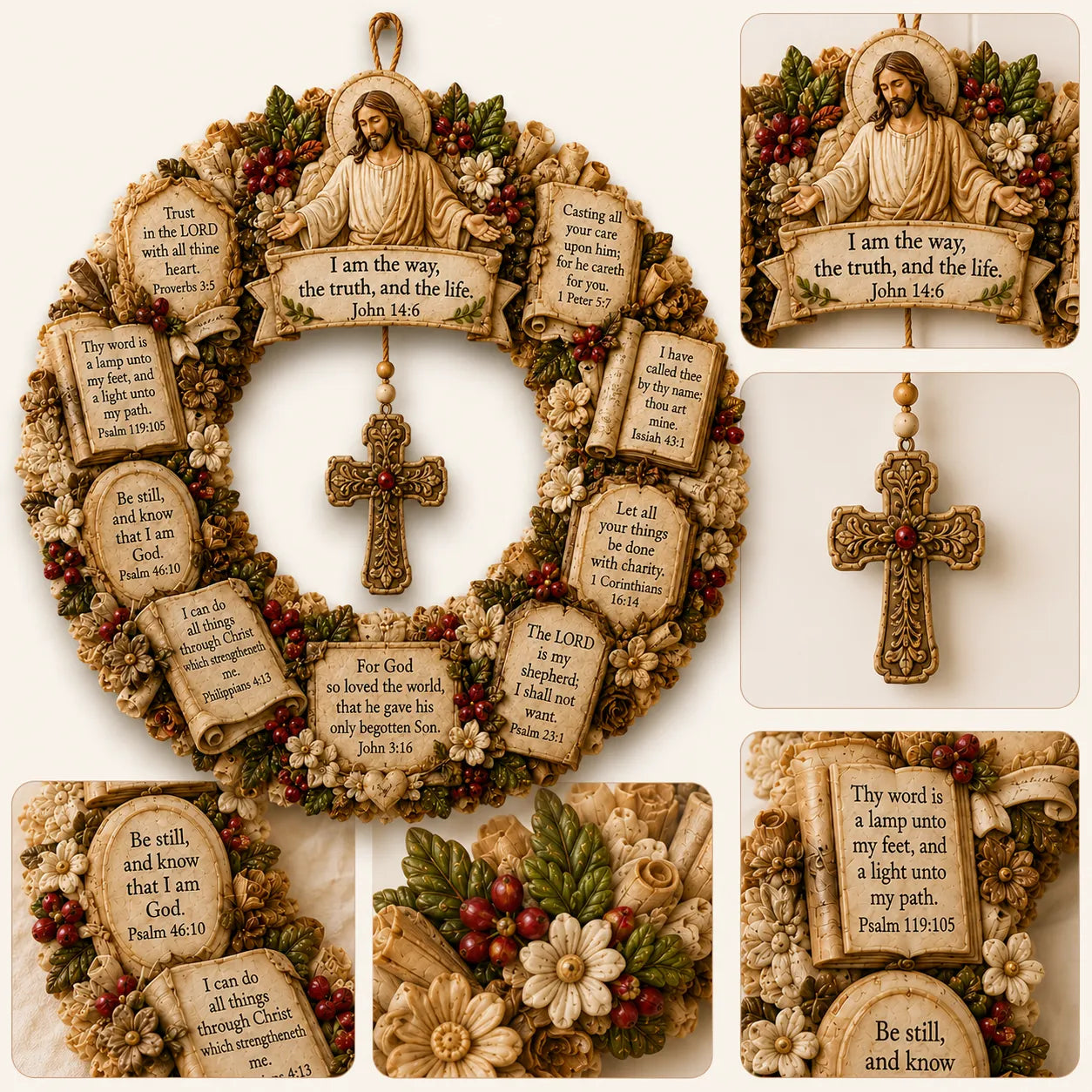 ✝️ Jesus Scripture Wreath | Handcrafted Christian Wood Décor with Bible Verses, Hanging Cross & Faith-Inspired Vintage Details 🙏