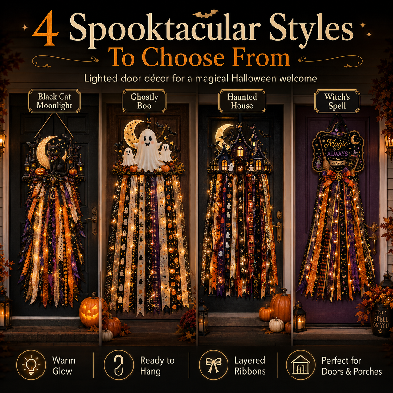 🎃 Lighted Halloween Ribbon Cascade™ – Handmade Door & Porch Decor