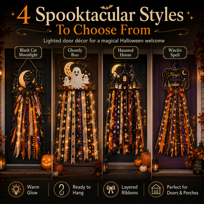 🎃 Lighted Halloween Ribbon Cascade™ – Handmade Door & Porch Decor