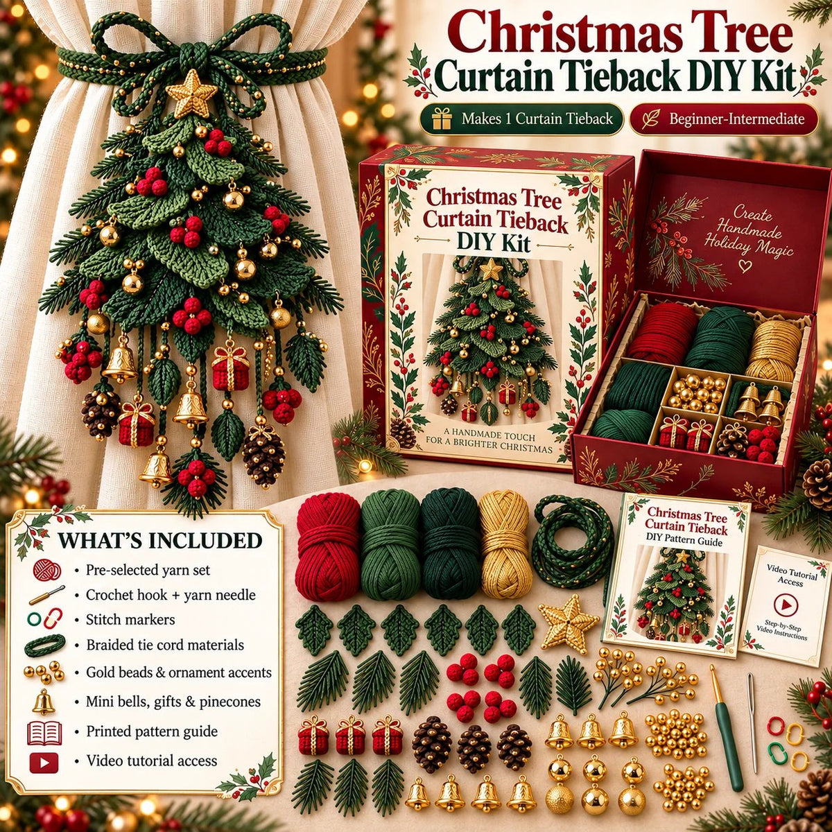 ⏳ Last Day 49% OFF – 🎄 Christmas Crochet Curtain Tieback DIY Kit | Beginner-Friendly Options, 8 Festive Designs 🧶