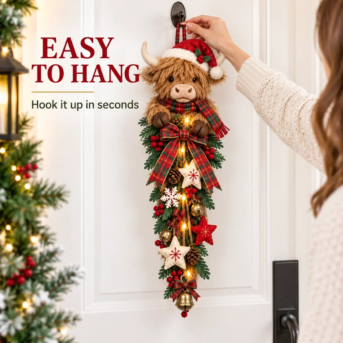 🔥Hot Sale 45% OFF -🎄 Lighted Highland Cow Christmas Door Swag