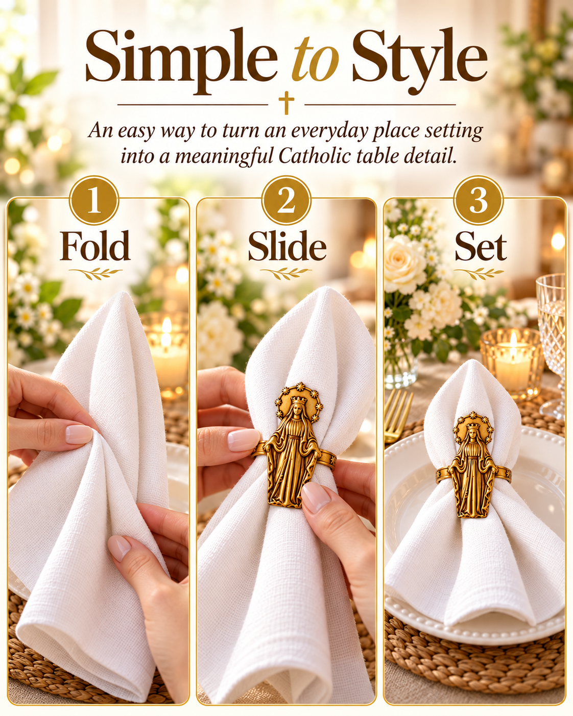 Catholic Devotional Napkin Rings – Sacred Heart, Virgin Mary & Jesus Table Décor