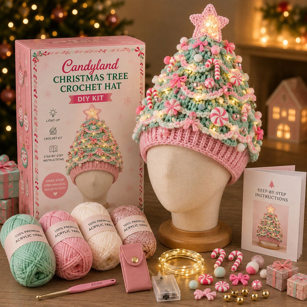 ⏳ Last Day 49% OFF – 🎄Beginner-Friendly Light-Up Christmas Tree Crochet Hat DIY Kit | Complete Kit with Coordinated Yarn, LED Lights & Step-by-Step Guide Included 💕