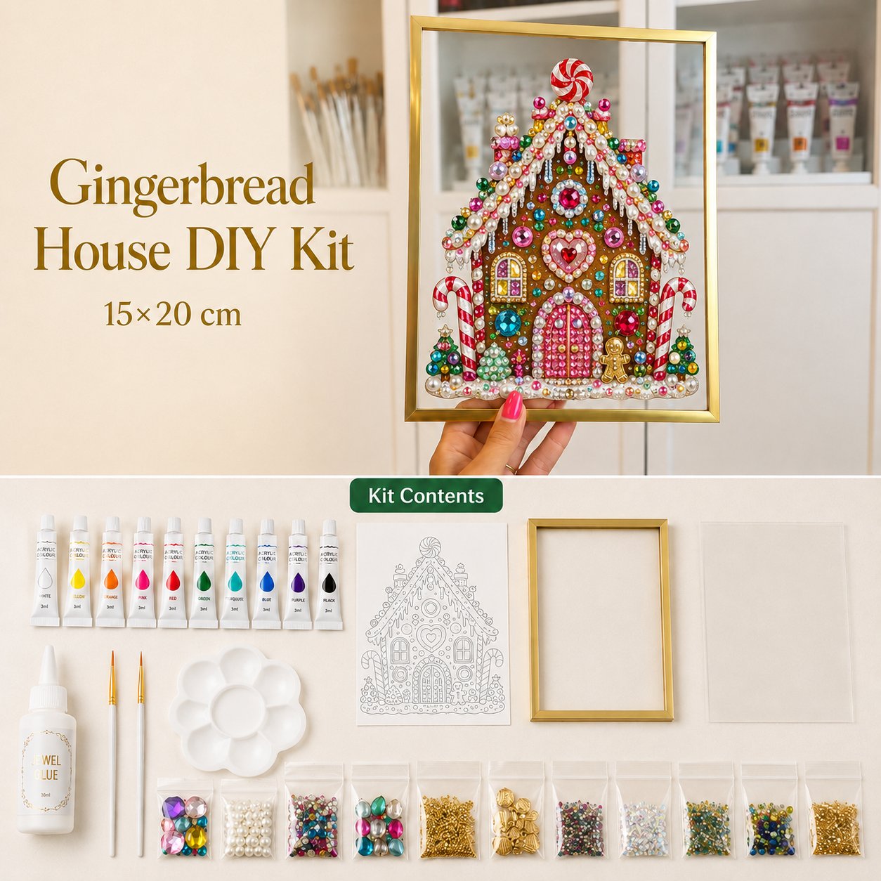 🔥 LAST DAY 49% OFF – 🎄 DIY Jeweled Christmas Tree Art Kit | Colorful Gems, Pearls, Paints & Gold-Tone Floating Display Frame 💎✨