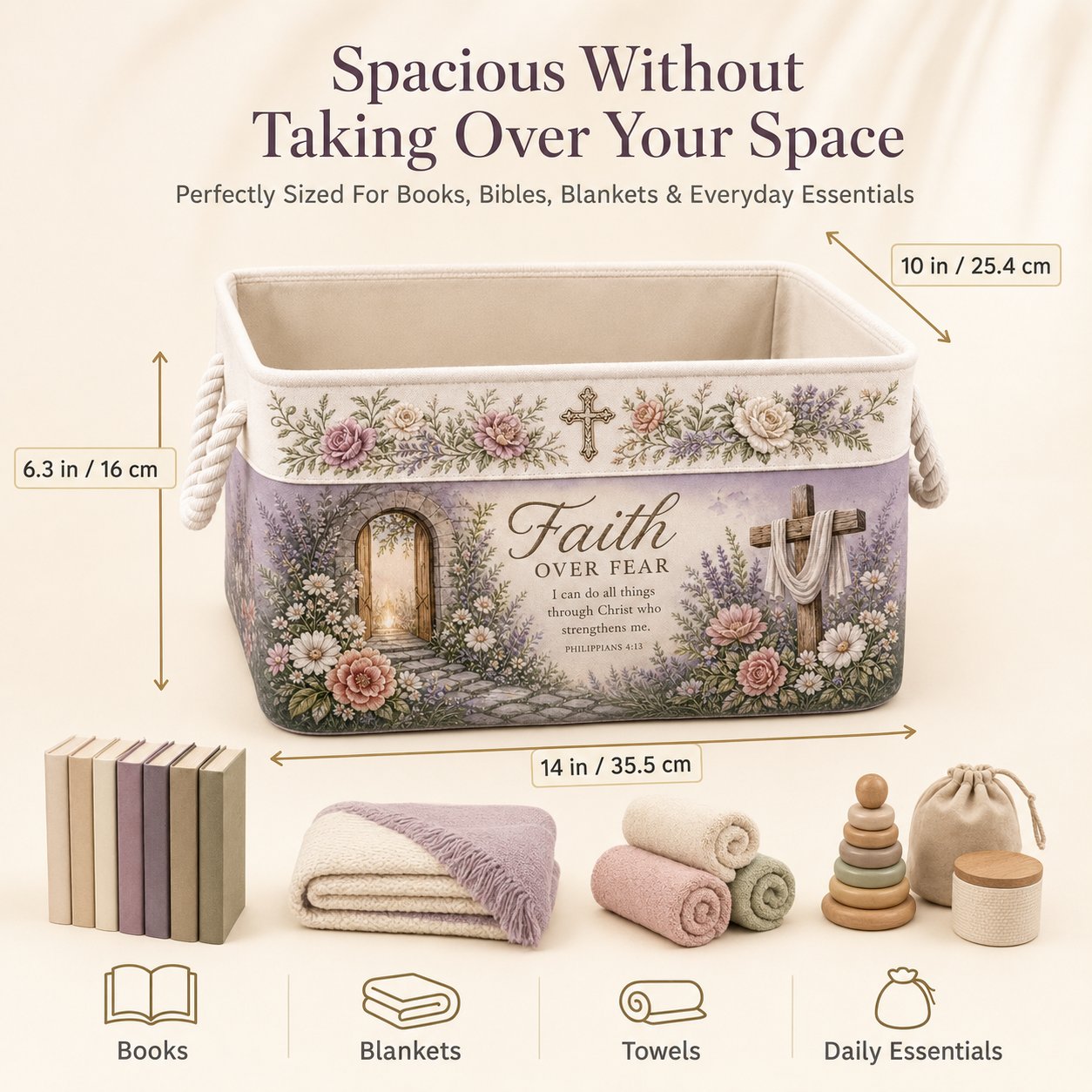 🔥 LAST DAY 49% OFF – ✝️ Christian Faith Inspirational Storage Basket | Spacious Foldable Fabric Organizer with Rope Handles & 3 Scripture Designs 🌿✨