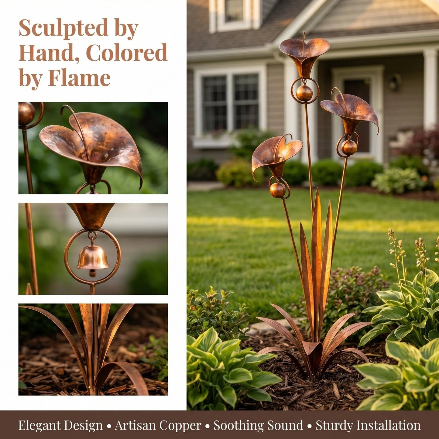 🌿Flamed Copper Three Calla Lilies Garden Stake with Bells