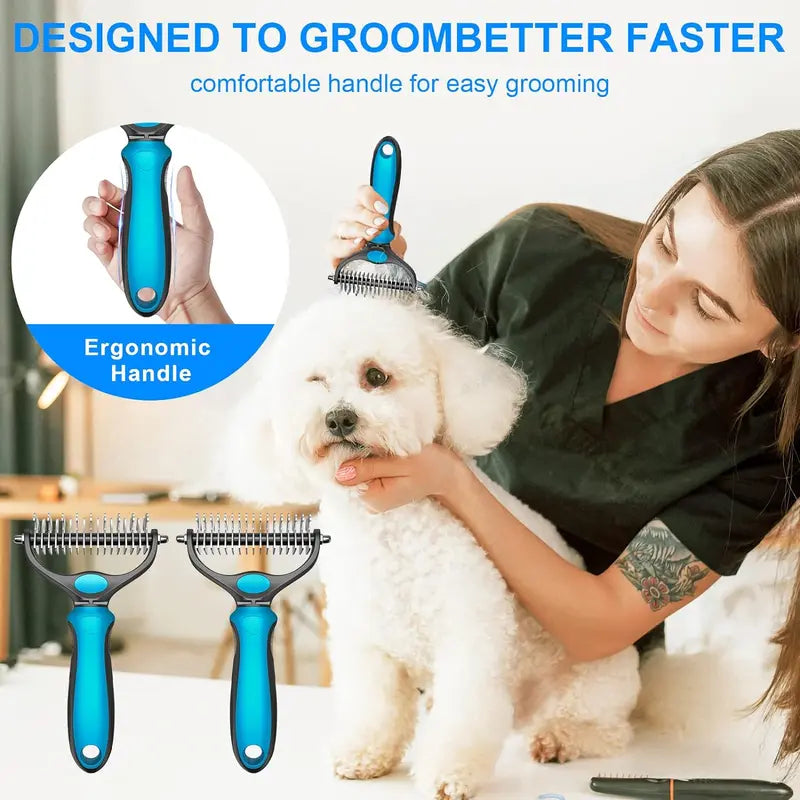 🐾Double-Sided Pet Grooming Brush – Hurtless Shedding & Dematting Undercoat Rake for