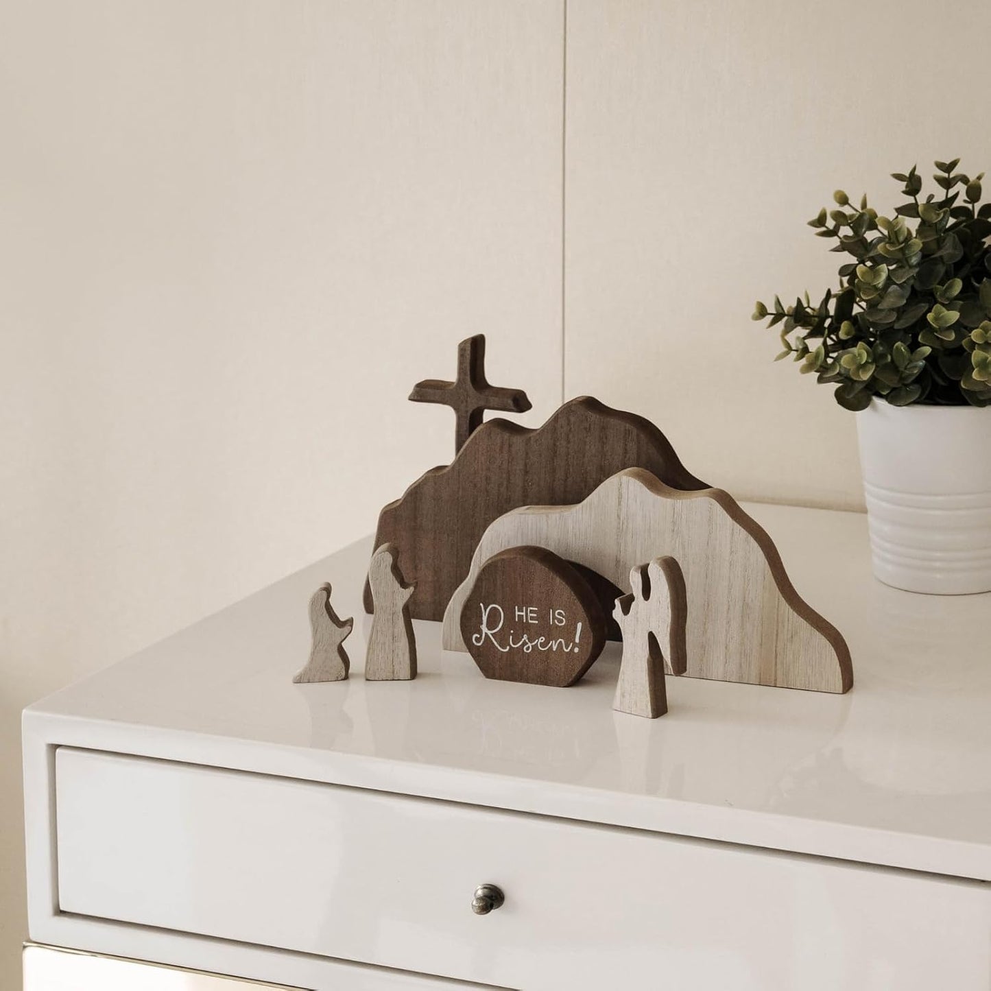 【He is Risen】Empty Tomb Scene Spring Easter Decorations, Jesus Nativity Resurrection Figurines Set With Wooden Cross For Home, Office, Table, Shelf, Mantle Decor – Christian Catholic Religious Gifts