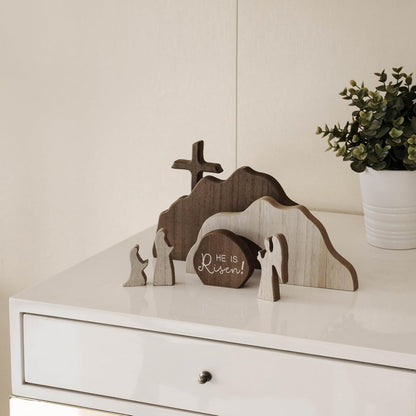 【He is Risen】Empty Tomb Scene Spring Easter Decorations, Jesus Nativity Resurrection Figurines Set With Wooden Cross For Home, Office, Table, Shelf, Mantle Decor – Christian Catholic Religious Gifts