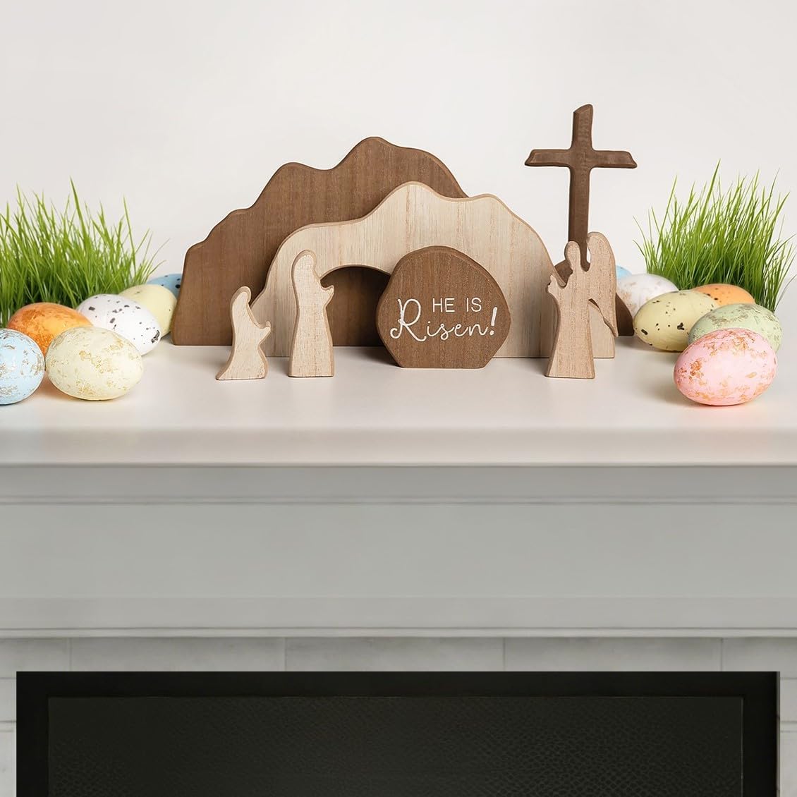 【He is Risen】Empty Tomb Scene Spring Easter Decorations, Jesus Nativity Resurrection Figurines Set With Wooden Cross For Home, Office, Table, Shelf, Mantle Decor – Christian Catholic Religious Gifts