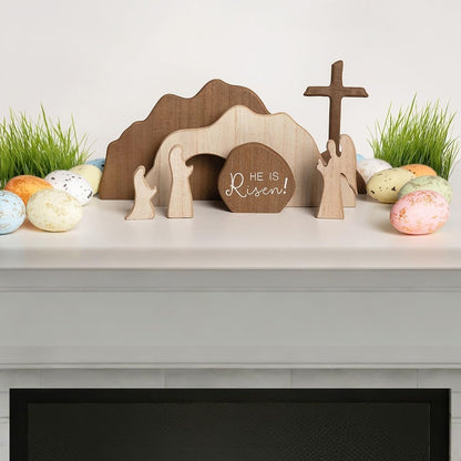 【He is Risen】Empty Tomb Scene Spring Easter Decorations, Jesus Nativity Resurrection Figurines Set With Wooden Cross For Home, Office, Table, Shelf, Mantle Decor – Christian Catholic Religious Gifts