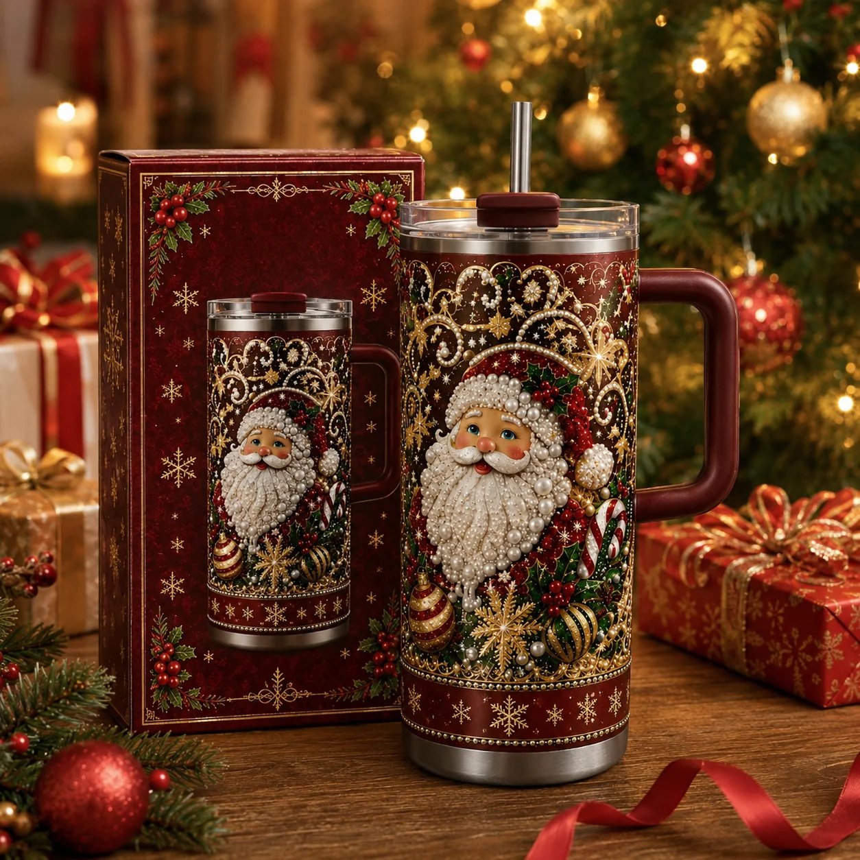 🎅✨ Luxury Christmas Santa 40oz Handle Tumbler – A Magical Holiday Gift