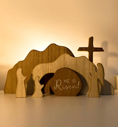 【He is Risen】Empty Tomb Scene Spring Easter Decorations, Jesus Nativity Resurrection Figurines Set With Wooden Cross For Home, Office, Table, Shelf, Mantle Decor – Christian Catholic Religious Gifts