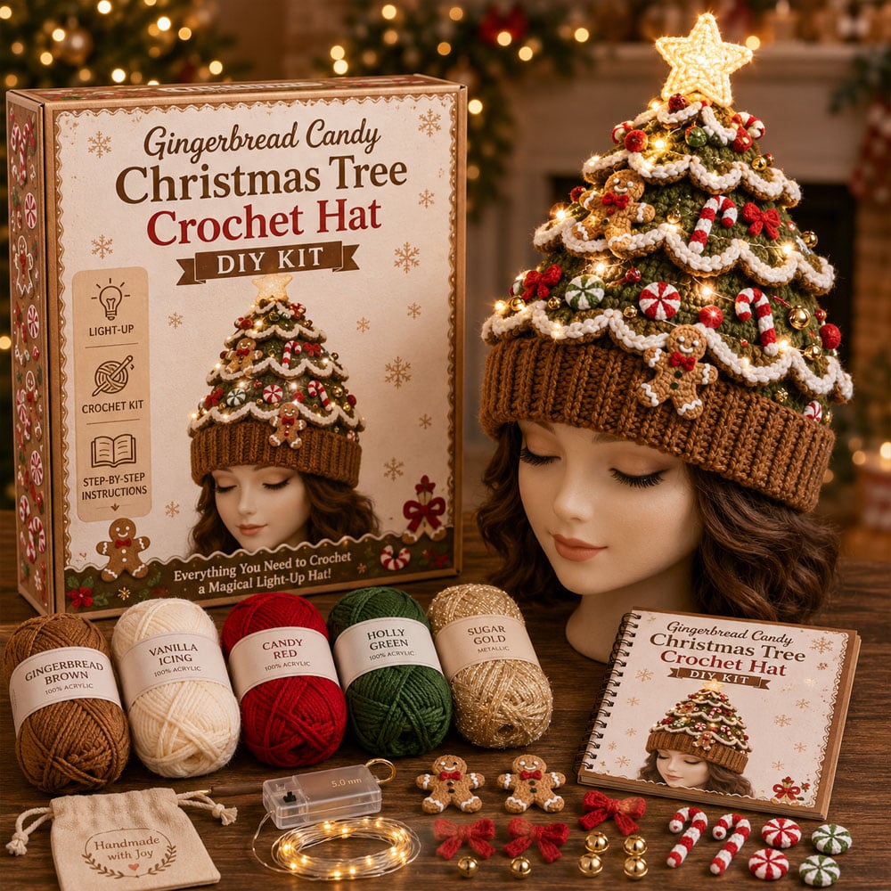 ⏳ Last Day 49% OFF – 🎄Beginner-Friendly Light-Up Christmas Tree Crochet Hat DIY Kit | Complete Kit with Coordinated Yarn, LED Lights & Step-by-Step Guide Included 💕