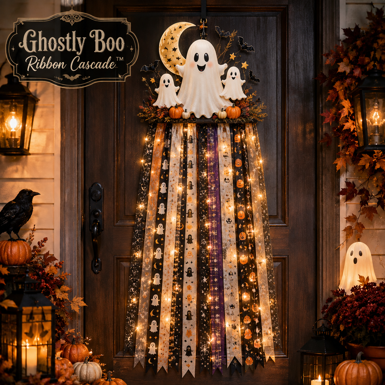🎃 Lighted Halloween Ribbon Cascade™ – Handmade Door & Porch Decor