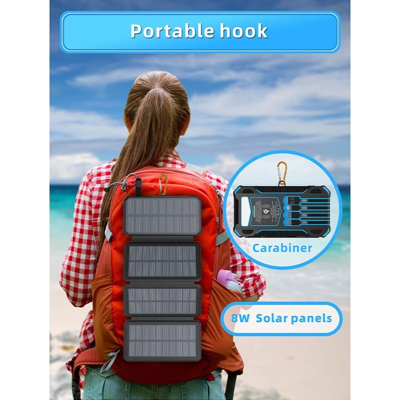 🎄20000mAh Solar Power Bank with Foldable Panels, Wireless Charging & LED Flashlight