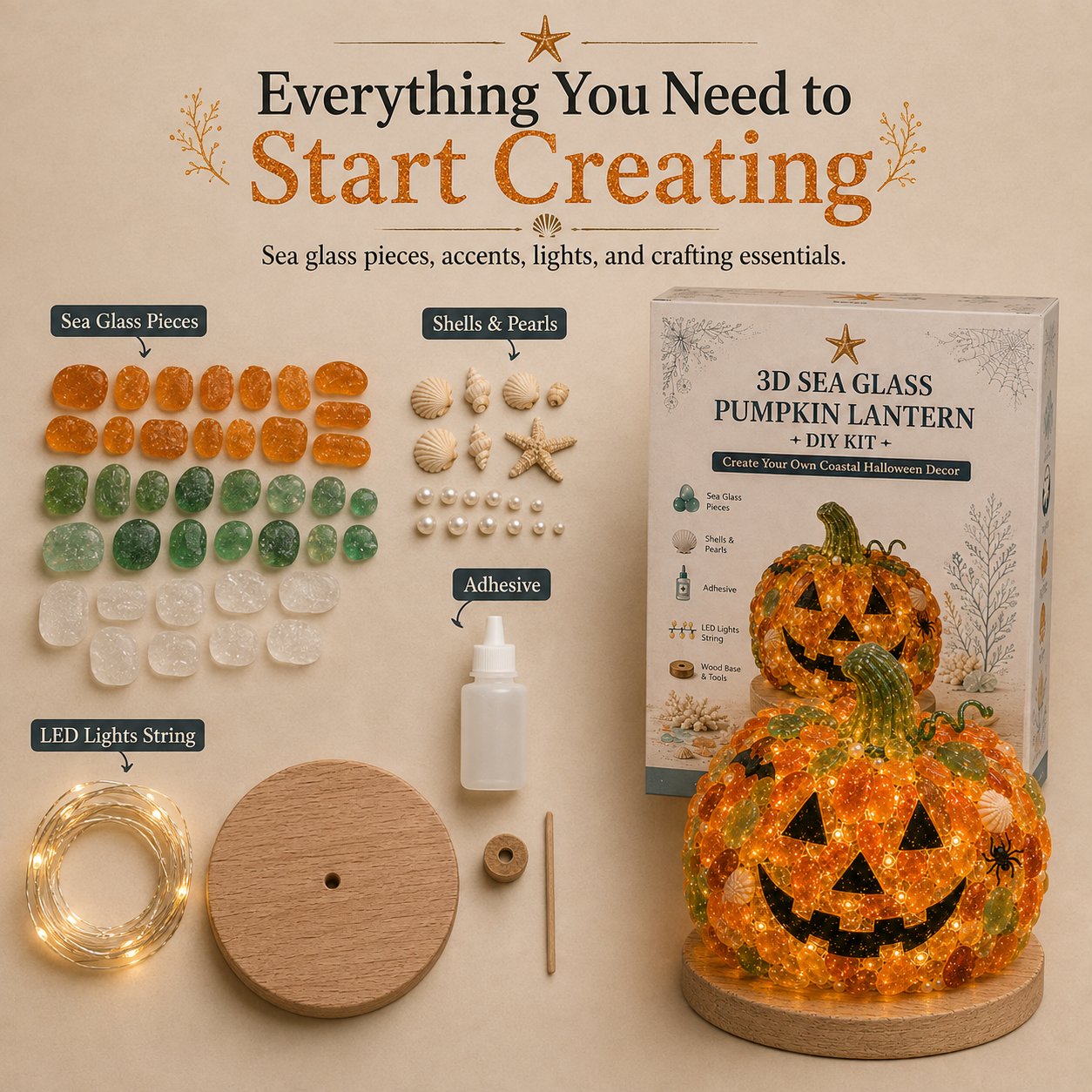 🔥😍 Last Day 49% OFF – 🎃 Beginner-Friendly DIY Lighted Sea Glass Halloween Character Kit Collection | Complete Kit with Sea Glass Pieces, LED Lights & Step-by-Step Guide Included 💕