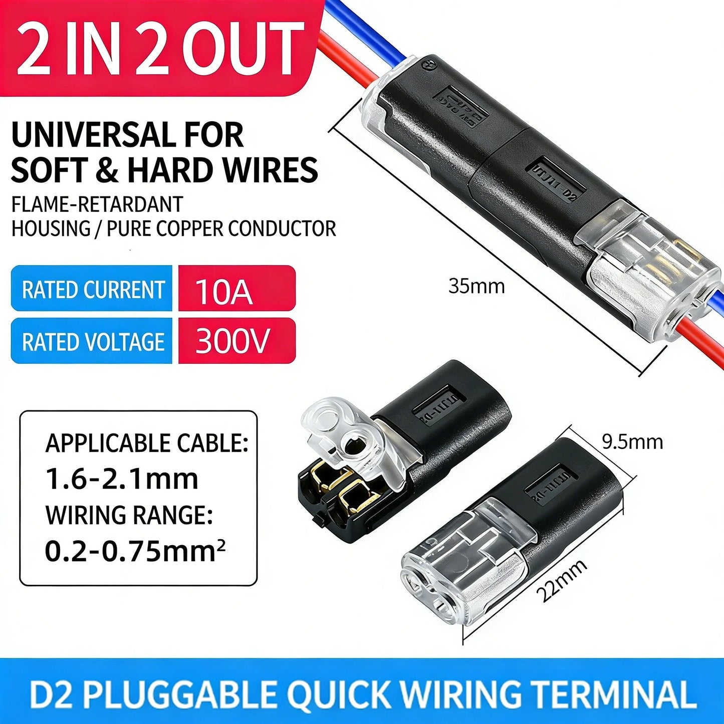 50pcs Double Wire Plug in Connector with Locking Buckle