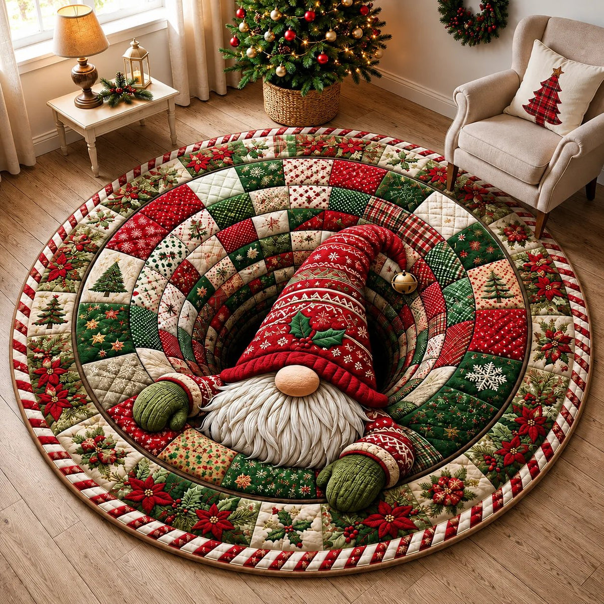 🎄3D Optical Illusion Vortex Quilted Round Christmas Rug