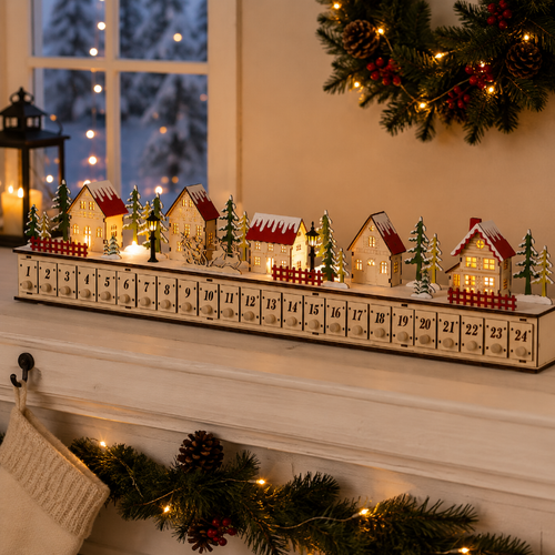 Home Reflections Christmas Village Advent Calendar – DIY Wooden Countdown Decoration with LED Lights, Music & 24 Gift Drawers