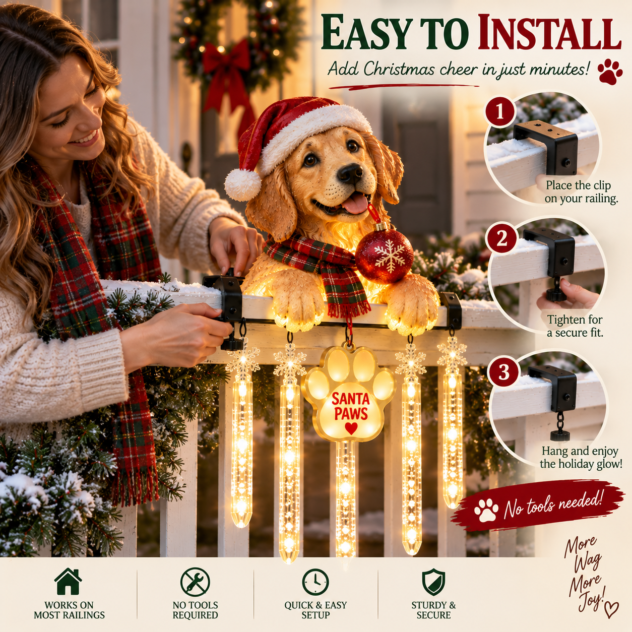 🐾 Santa Paws Christmas Porch Glow – Lighted Dog Railing Decor 🎄✨