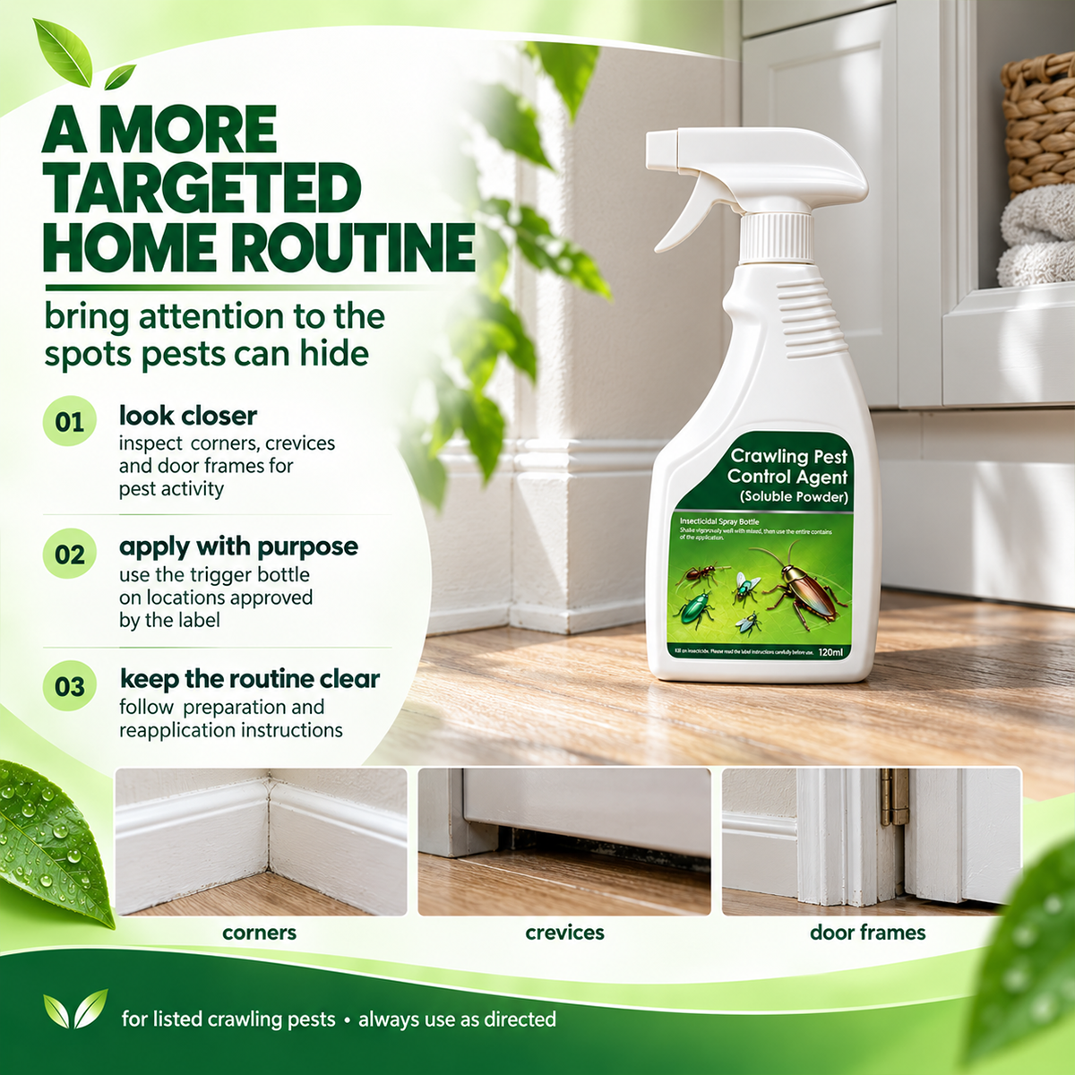 Target household pest-prone corners crevices and door frames