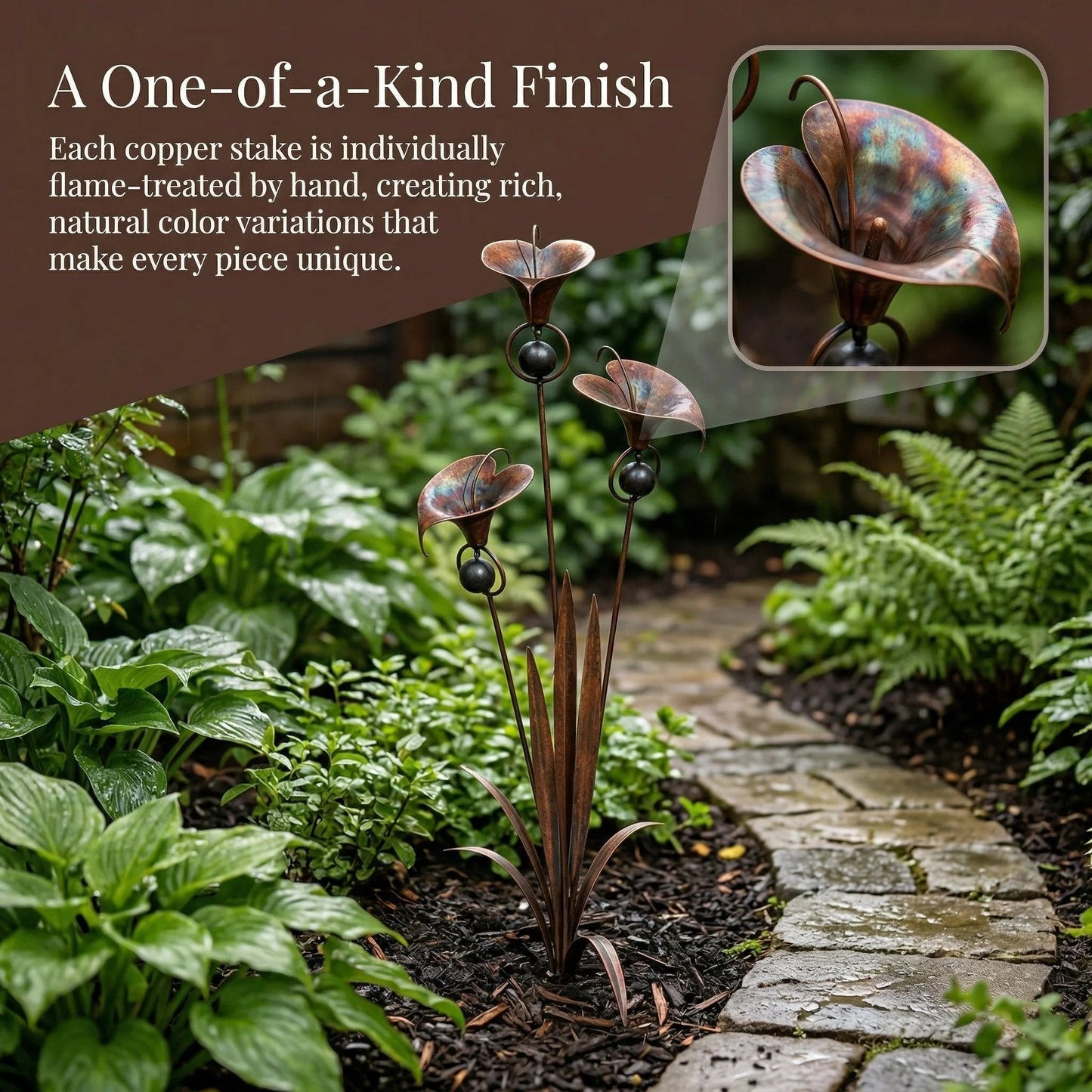🌿Flamed Copper Three Calla Lilies Garden Stake with Bells