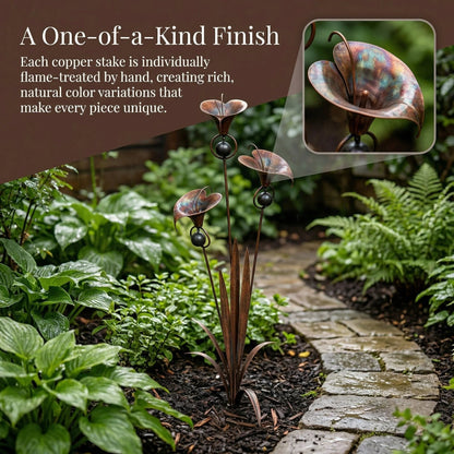 🌿Flamed Copper Three Calla Lilies Garden Stake with Bells