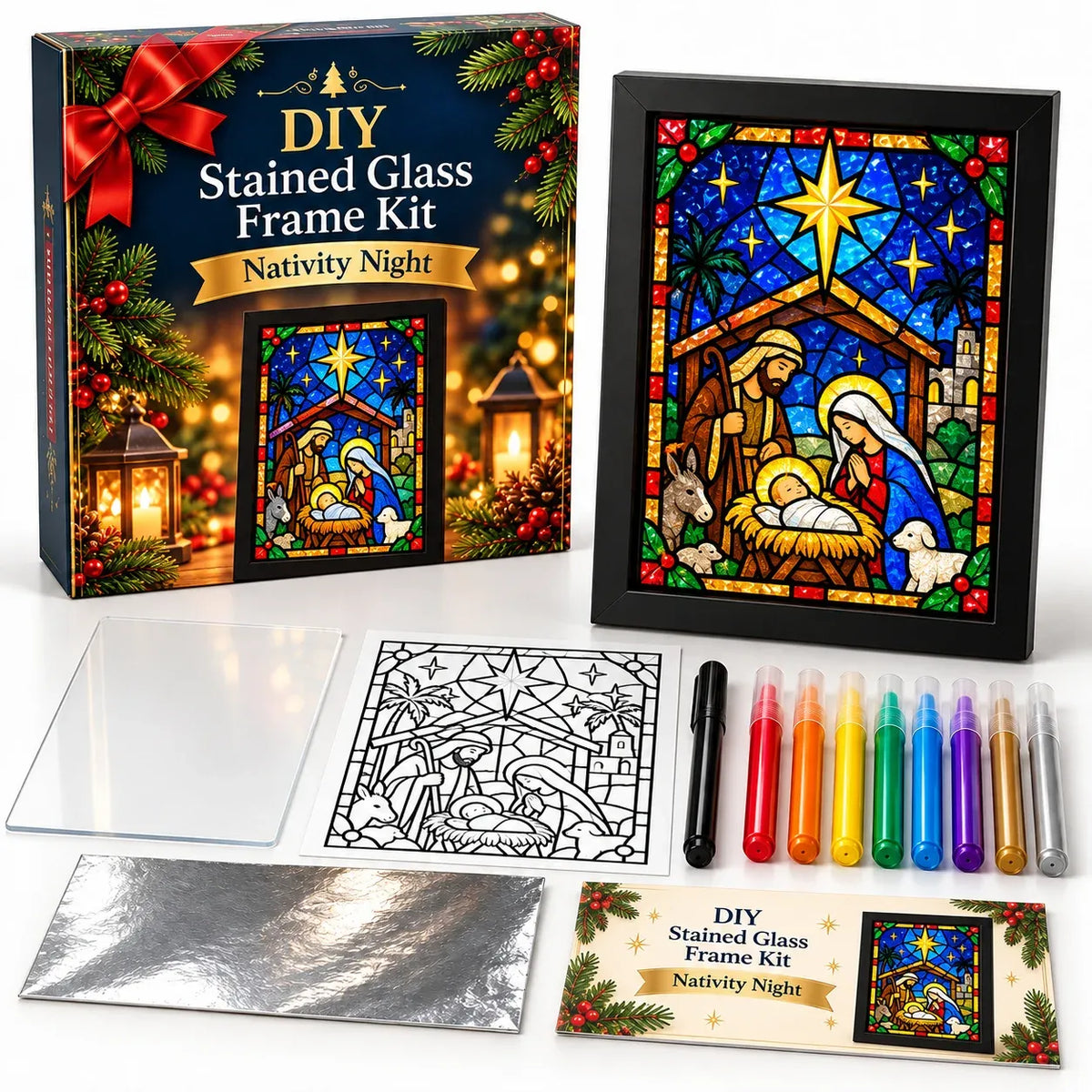 ⏳ Last Day 49% OFF – 🎄Beginner-Friendly Christmas Stained Glass-Style Frame Kit | 8 Festive Designs with Pens, Foil & Frame ✨