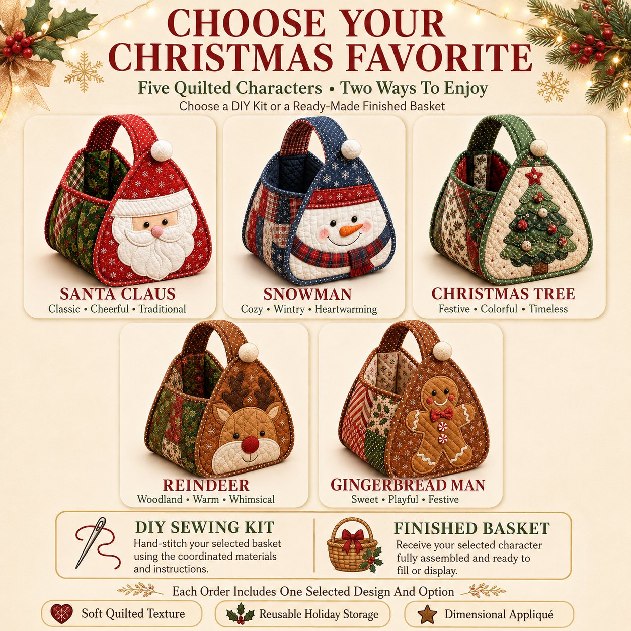 ⏳ Last Day 49% OFF – 🎄 Christmas Character Quilted Carry Basket | Padded Patchwork Fabrics, Layered Appliqué & Soft Carry Handle in DIY Kit or Ready-Made Styles 🎁✨