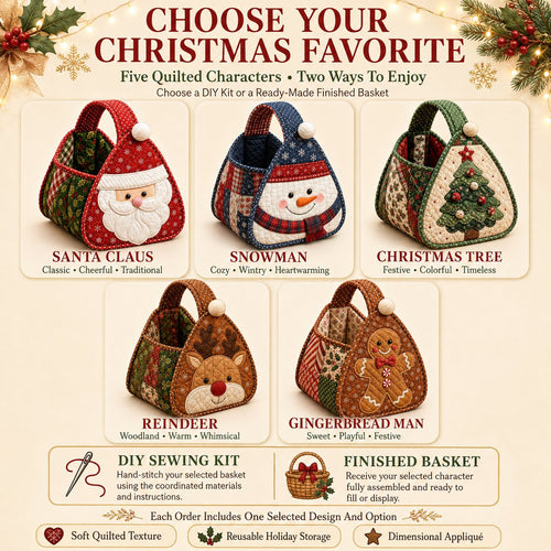 ⏳ Last Day 49% OFF – 🎄 Christmas Character Quilted Carry Basket | Padded Patchwork Fabrics, Layered Appliqué & Soft Carry Handle in DIY Kit or Ready-Made Styles 🎁✨