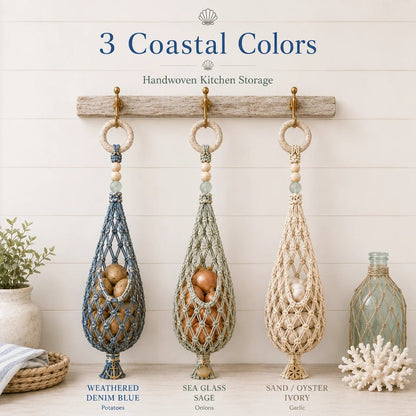🌊🥔 Coastal Hanging Produce Storage – Handwoven Breathable Organizer with Easy Side Access