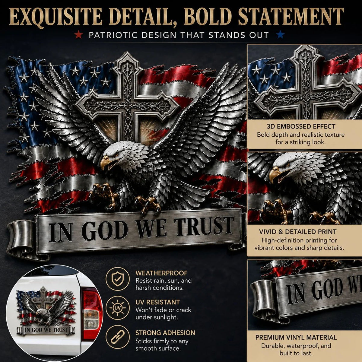 🦅In God We Trust Bald Eagle American Flag 3D Metal Car Emblem Badge