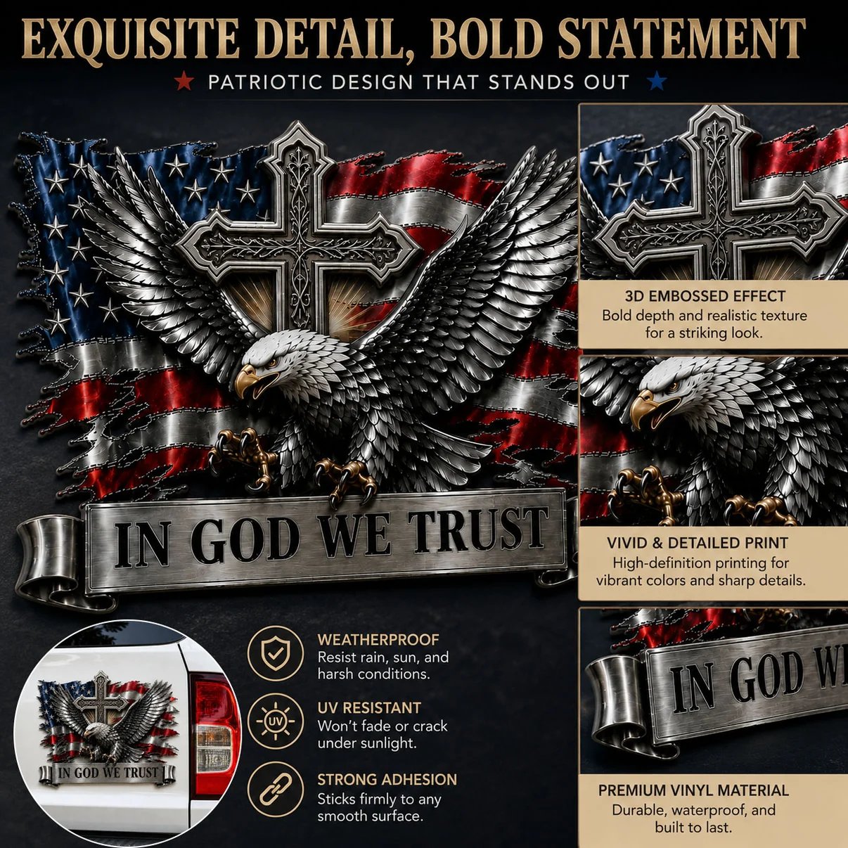 🦅In God We Trust Bald Eagle American Flag 3D Metal Car Emblem Badge