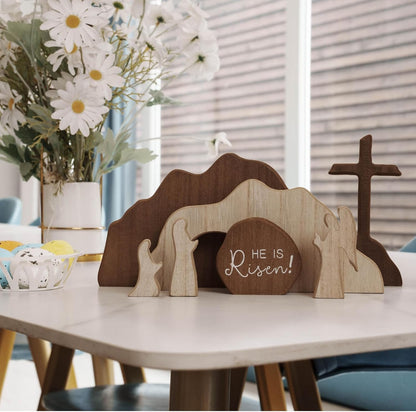 【He is Risen】Empty Tomb Scene Spring Easter Decorations, Jesus Nativity Resurrection Figurines Set With Wooden Cross For Home, Office, Table, Shelf, Mantle Decor – Christian Catholic Religious Gifts