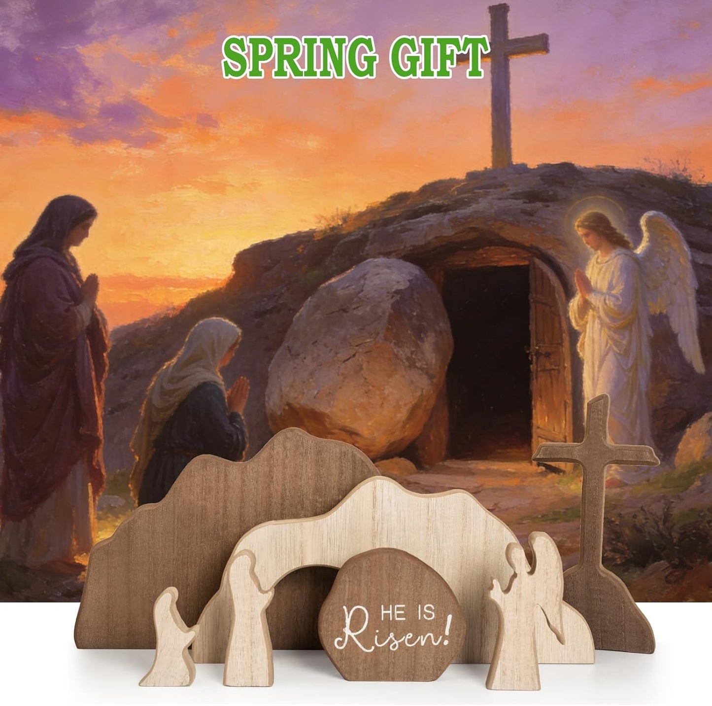 【He is Risen】Empty Tomb Scene Spring Easter Decorations, Jesus Nativity Resurrection Figurines Set With Wooden Cross For Home, Office, Table, Shelf, Mantle Decor – Christian Catholic Religious Gifts