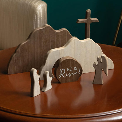 【He is Risen】Empty Tomb Scene Spring Easter Decorations, Jesus Nativity Resurrection Figurines Set With Wooden Cross For Home, Office, Table, Shelf, Mantle Decor – Christian Catholic Religious Gifts